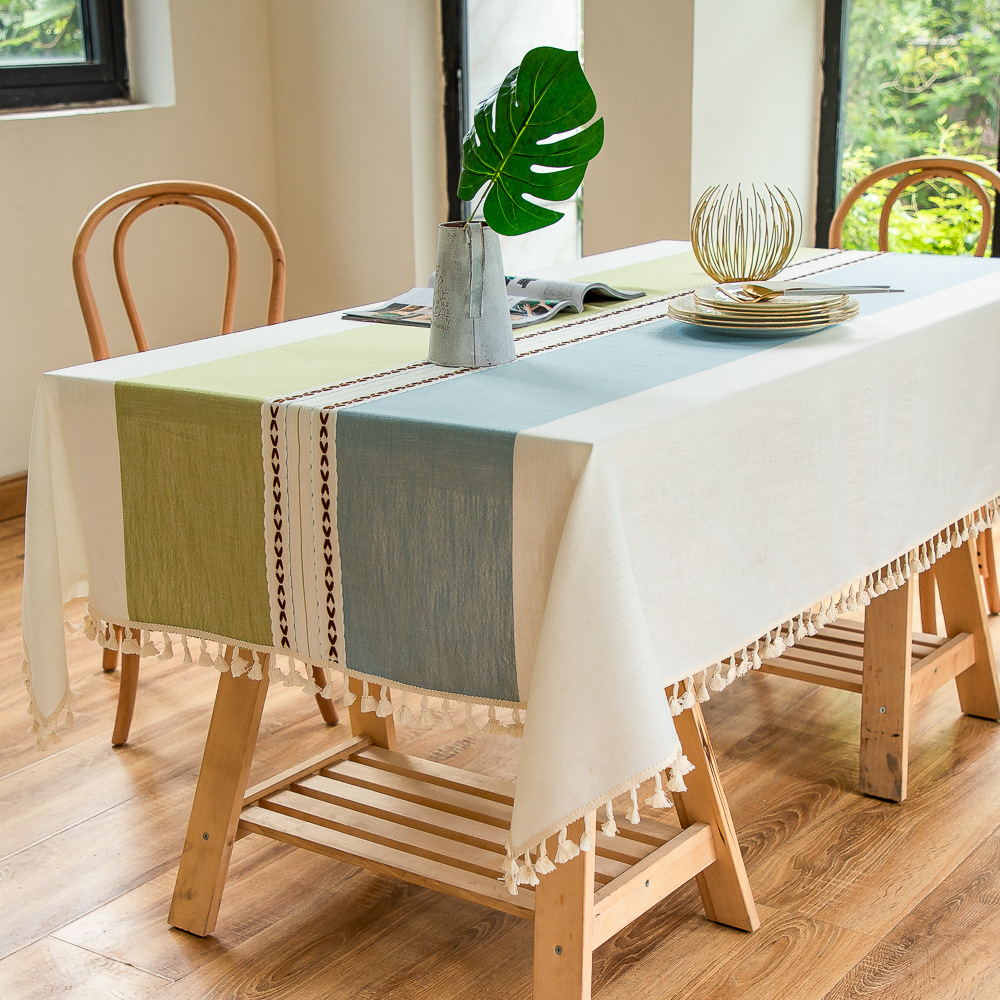 Cross-border Japanese color-blocking and color-blocking embroidered tassel tablecloths, kitchen, dining room, party, family table cover decoration, cotton and linen pic 3