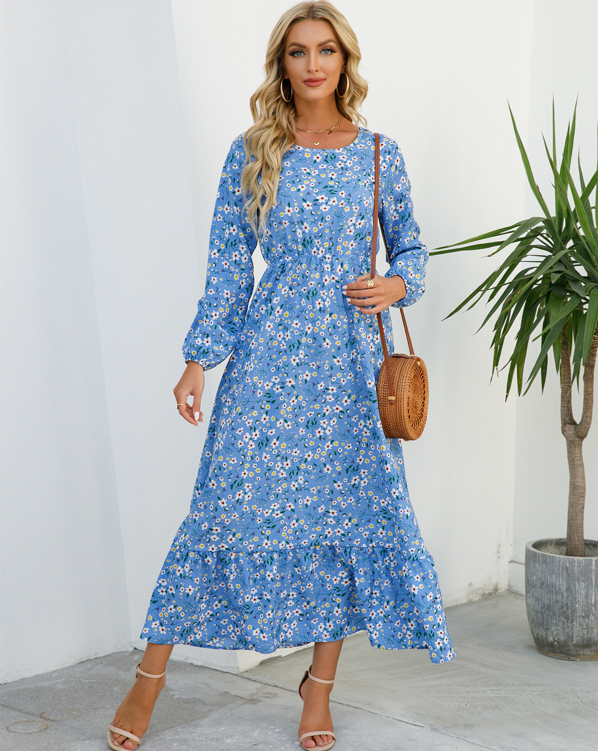 European and American floral long, round-neck, long-sleeved, waist-cinching and slimming dress pic 67