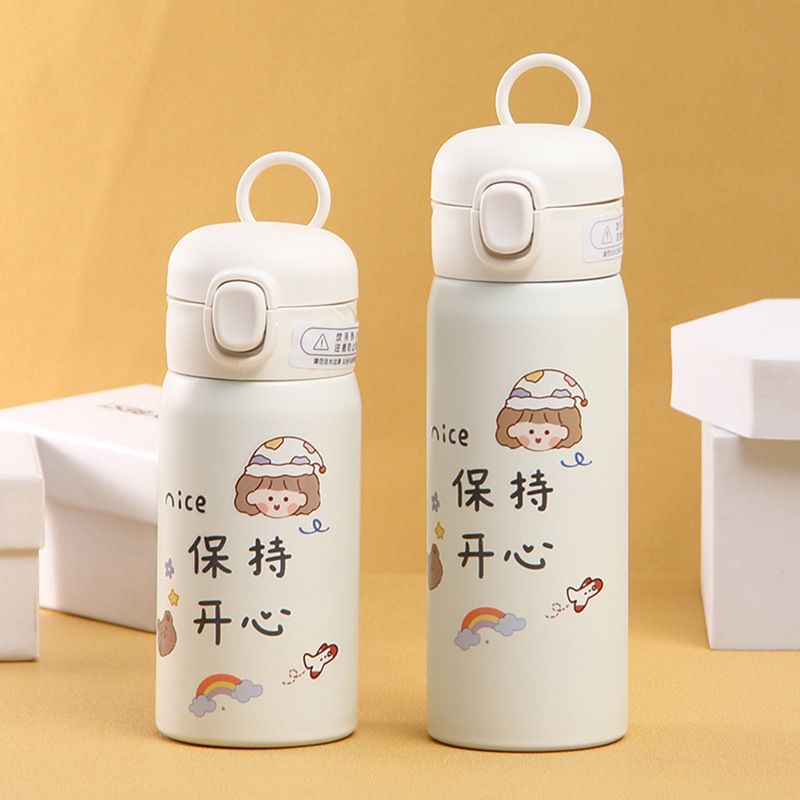 韩版304不锈钢弹跳盖保温杯 简约卡通豌豆杯便携清新学生水杯抖音详情6