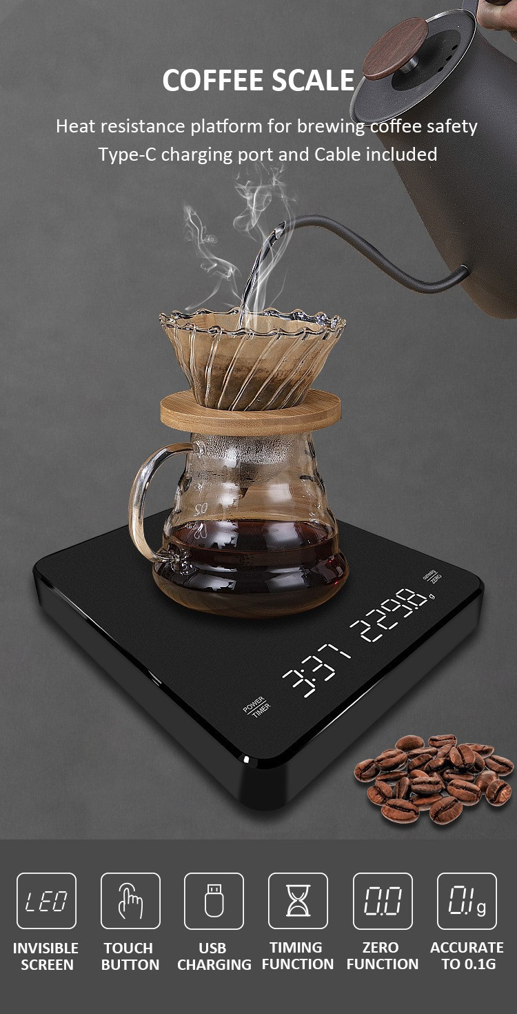 手冲咖啡电子秤自动计时3kg家用厨房秤台称新款LED隐屏充电咖啡称详情1