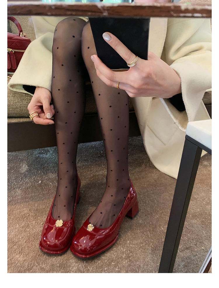 葡萄妈精致山茶花方圆头高跟鞋粗跟增高一脚蹬乐福鞋女鞋2024新款详情36