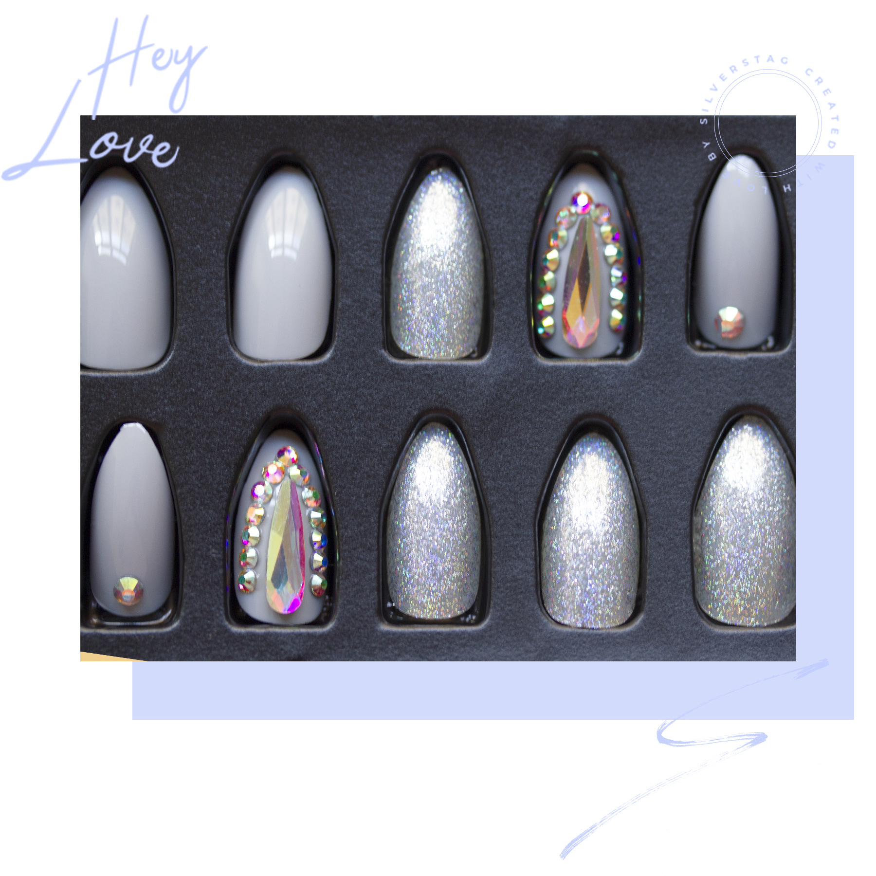 24-piece pointed-head bride wearing nail jewelry, false nail patches, scallion powder with diamonds and adhesive back nail patches gift box toolkit pic 52