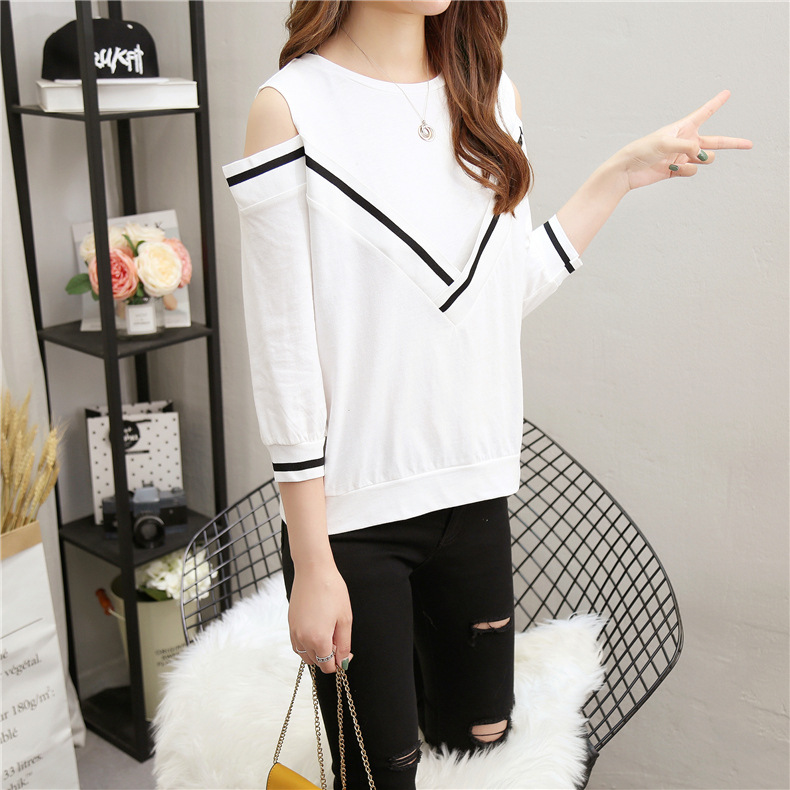 Spring and Autumn new versatile T-shirt for women, 7-inch sleeved off-the-shoulder long-sleeved sexy half-sleeved top pic 6