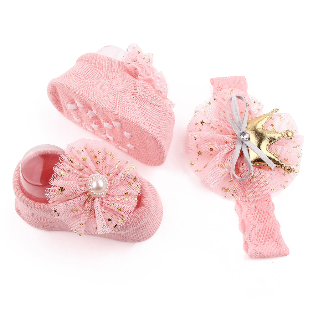 New solid color lace European and American baby socks Bow princess cute baby socks hair band set 2619 pic 6