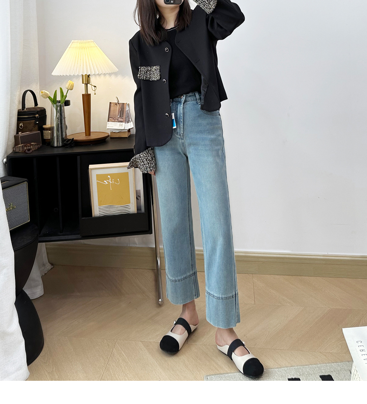 九分牛仔裤女装2024春季窄版棉阔腿直筒裤小个子显瘦九分牛仔裤女详情7