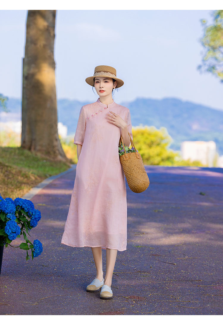 新中式棉麻女装苎麻连衣裙2024春夏新款立领国风复古改良旗袍批发详情2