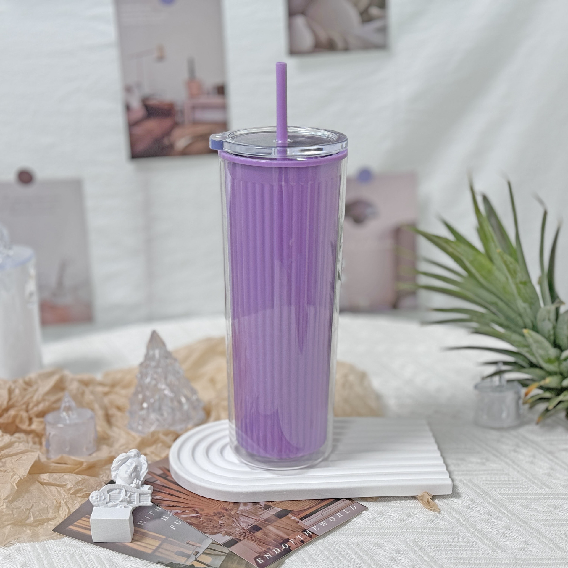 Wholesale of new summer internet-famous couple cups, plastic straw cups, and large-capacity plastic water cups for export with vertical patterns and straight bodies pic 21