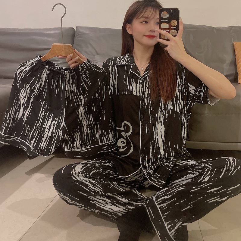 20款直播短袖开衫仿棉INS夏季情侣睡衣居家休闲宽松家居服三件套详情7