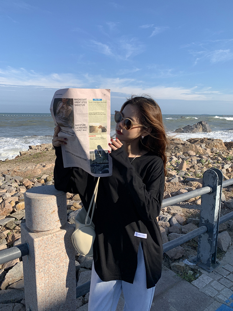 黄峥简约贴标开叉长袖T恤女2022春韩版宽松休闲设计感上衣T85396详情39