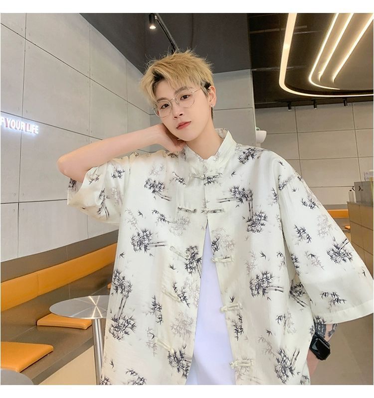 国潮青少年中国风竹子免烫处理短袖衬衫男夏季新中式盘扣潮流宽松半袖详情15