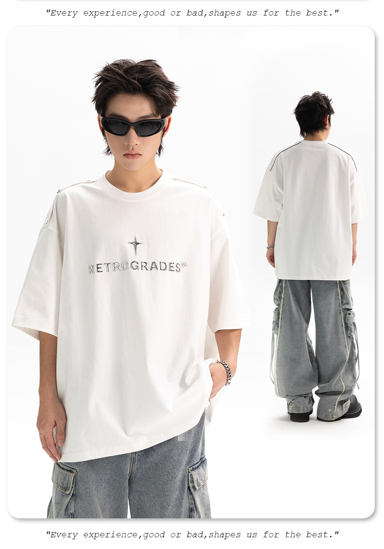 Shoulder four-button design T-shirt for men, loose American streetwear brand, metallic texture printed high street short-sleeved T-shirt, summer q pic 15