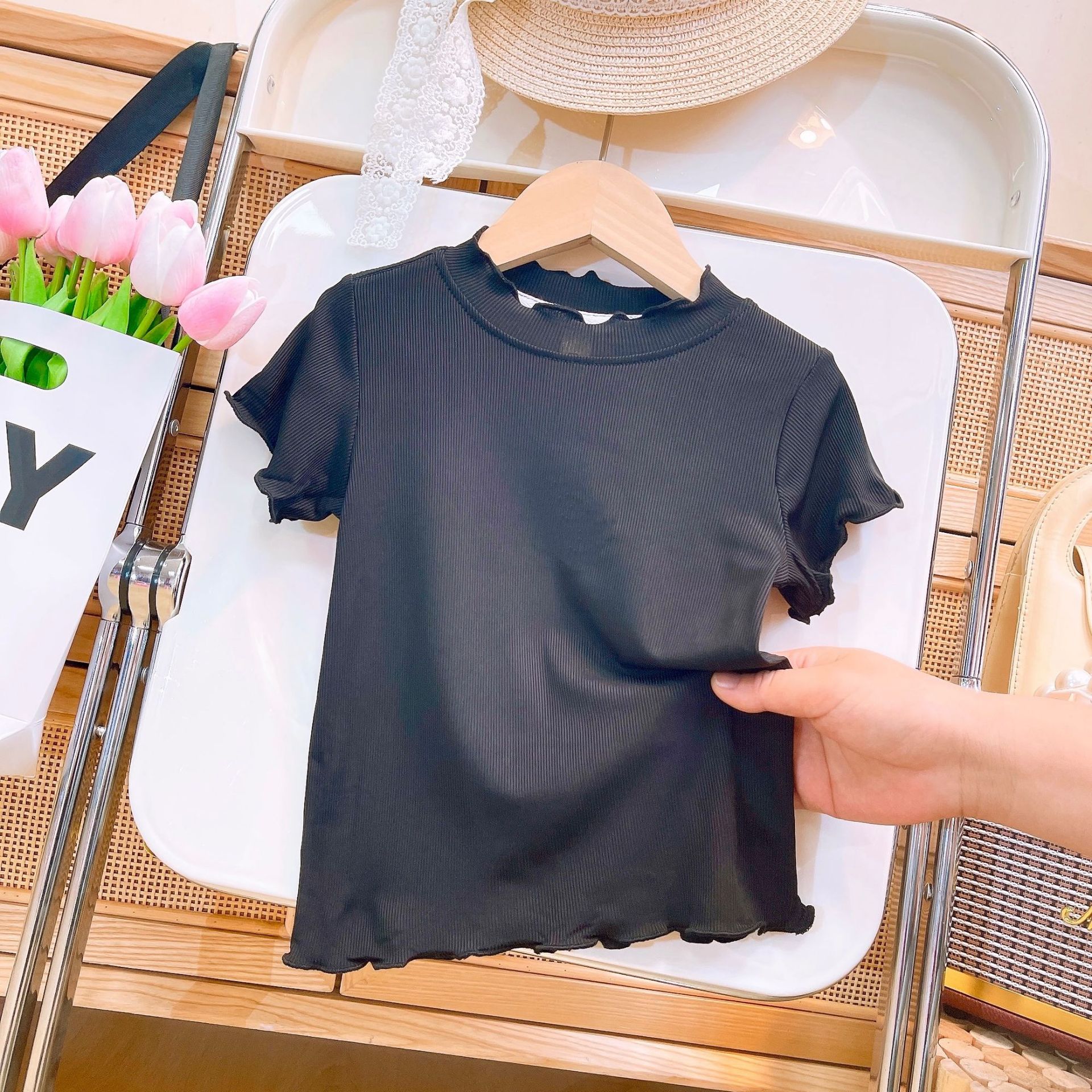 冰丝女童t恤短袖夏装2024新款韩版洋气儿童夏季花边半袖体恤上衣详情5