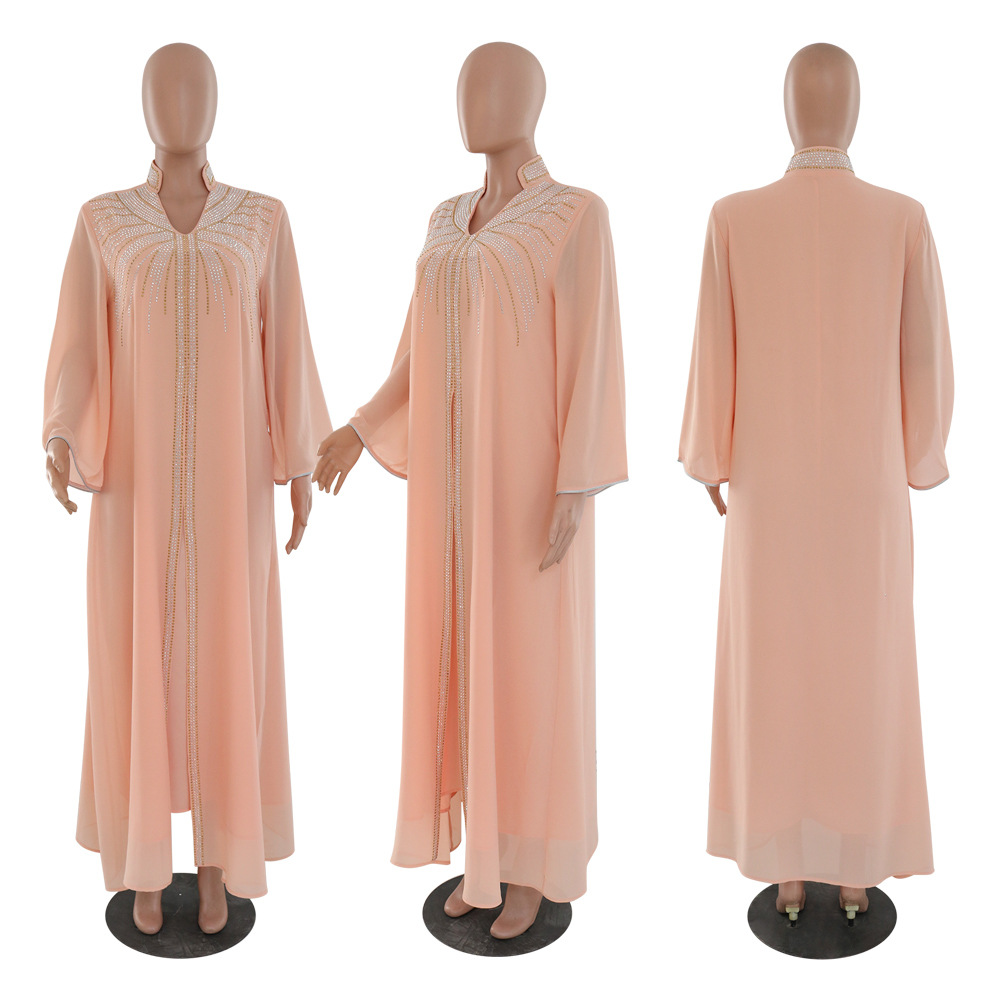 XQY500090 Foreign trade Arab robe, Middle East kaftan fashion Hot diamond belted chiffon dress pic 56