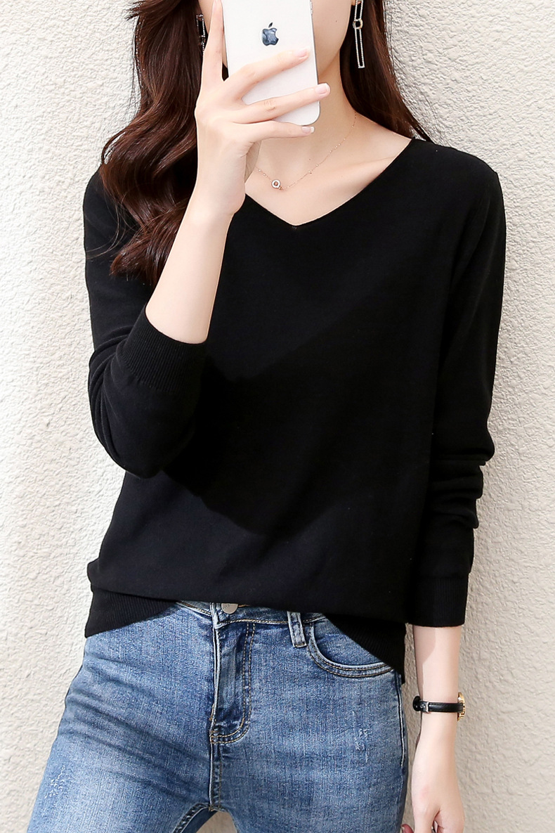 2023秋季女装全纯色棉麻针织T恤女V领长袖文艺大码外贸厂家批代发详情19