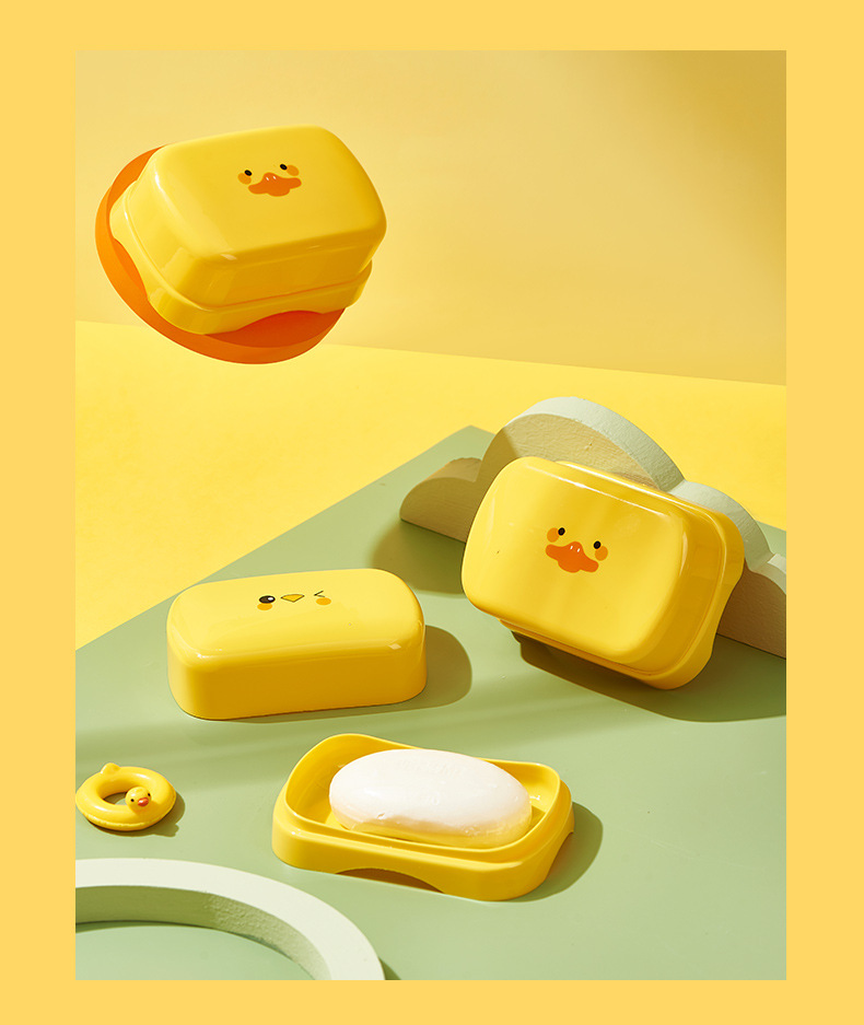 Cartoon creative plastic cute little yellow duck chicken soap box with lid, water-draining soap box, portable cartoon soap box, water-draining pic 4