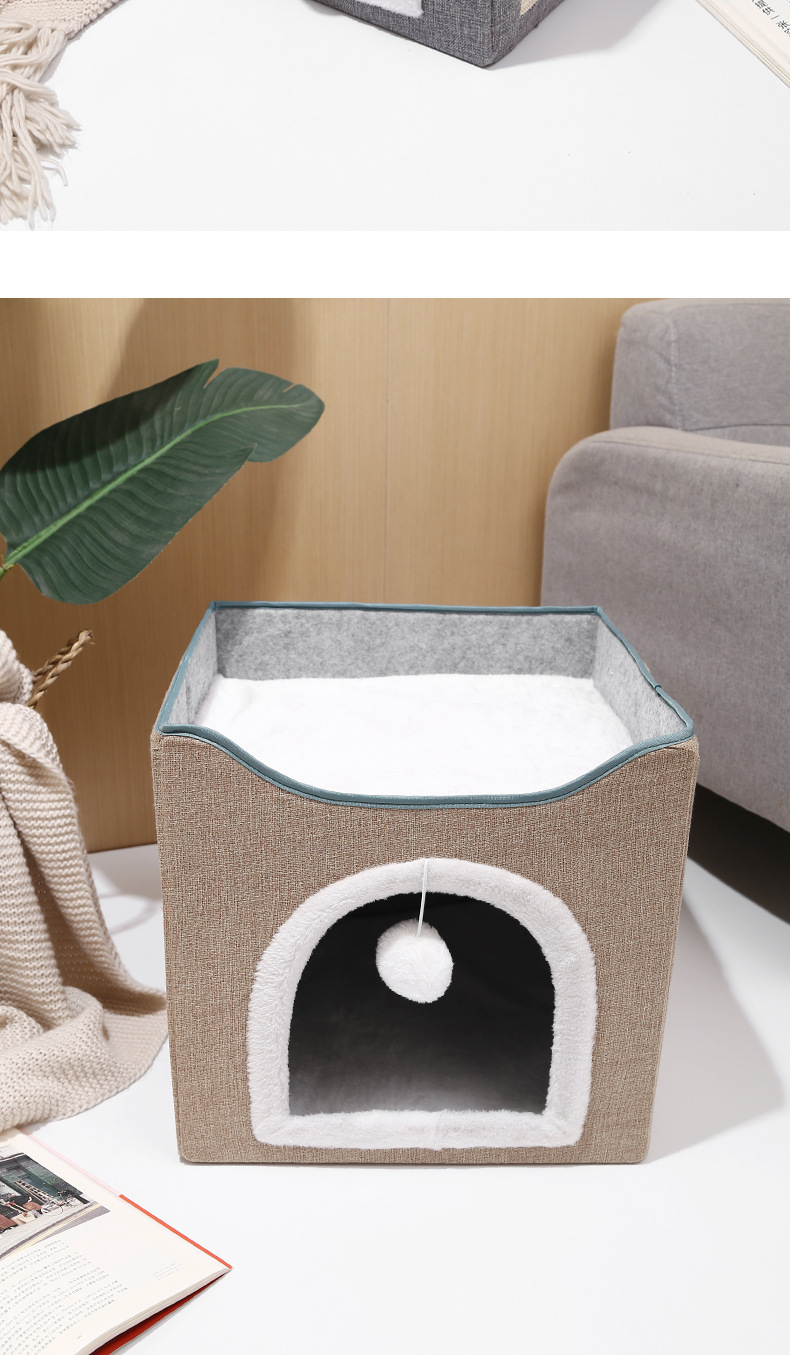 宠物用品亚马逊新款可折叠双层四季通用猫窝保暖半封闭磨爪猫窝详情7