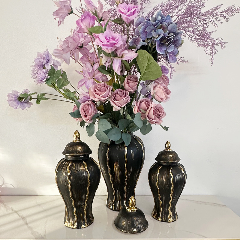 2025 Light luxury retro antique antique electroplated gold ceramic hand-painted black and white lacquer striped General Can Model Room hotel pic 4