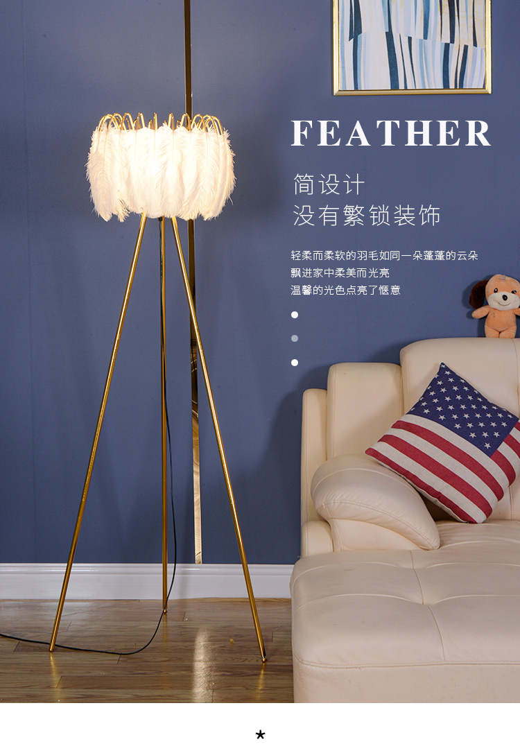 Factory direct sales, popular American-style feather floor lamps, princess bedroom ostrich feather lamps, light luxury European-style living room floor lamps pic 5