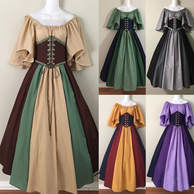 欧美中世纪复古撞色修身裙飞飞袖大摆裙一字肩连衣裙女cos服演出详情2