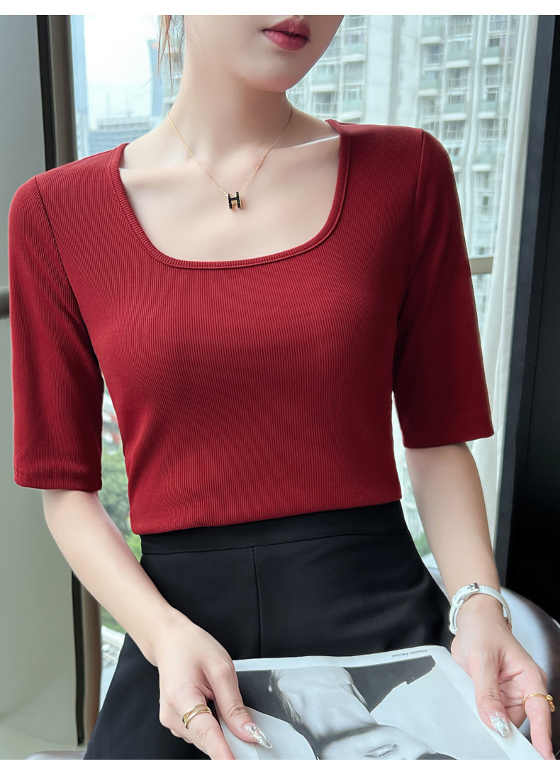 This 2023 autumn new slimming and elegant base layer T-shirt is versatile for daily use, fitted, simple and stylish, with a square neck and mid-sleeved shirt for women pic 19