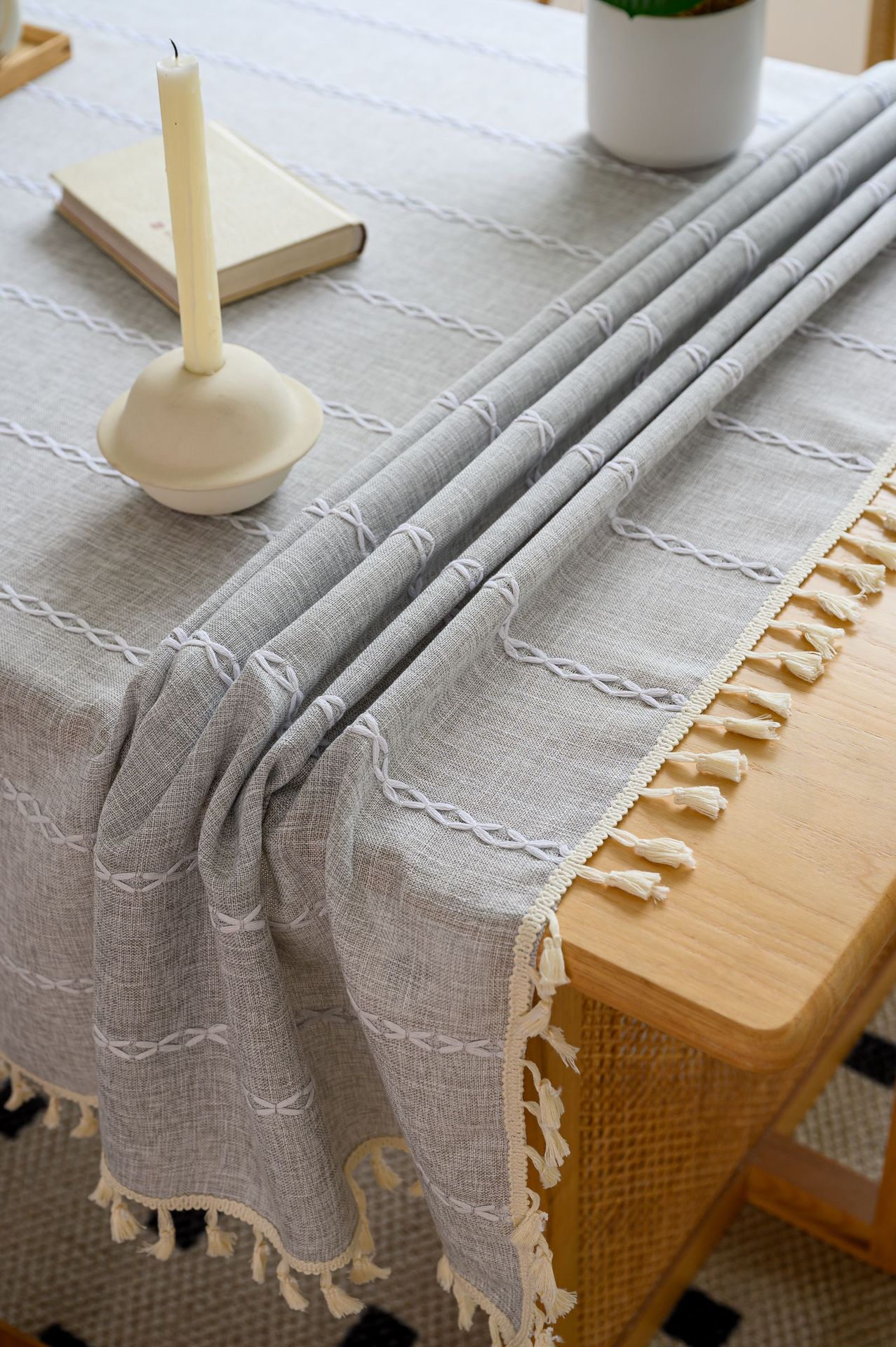 Cross-border three-dimensional embroidered striped tablecloth, popular black solid color, white cotton and linen tablecloth cover, fabric outdoor party pic 79