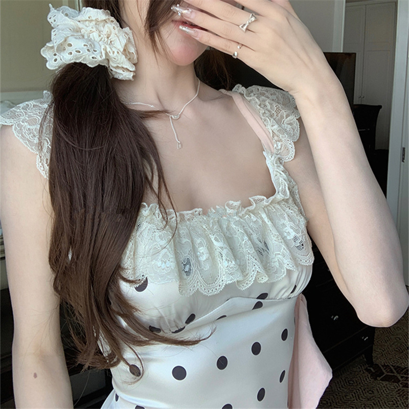 2024 New summer printed square-neck ruffled, slim and sexy polka dot lace backless long dress for women pic 3