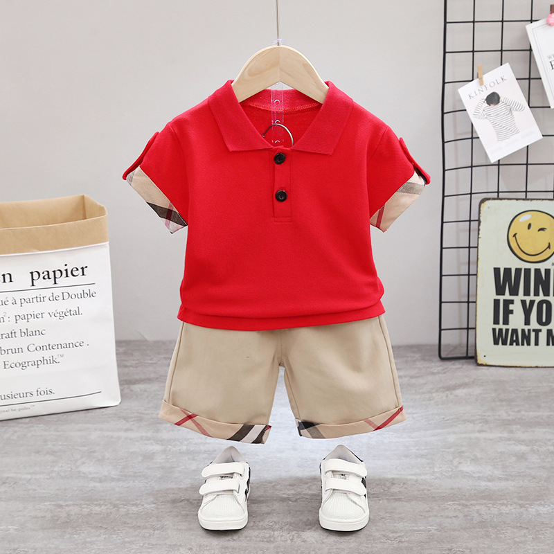 Niño traje de verano manga corta con solapa polo verano 2022 nuevo niño casual penteado dos piezas moda pic 5