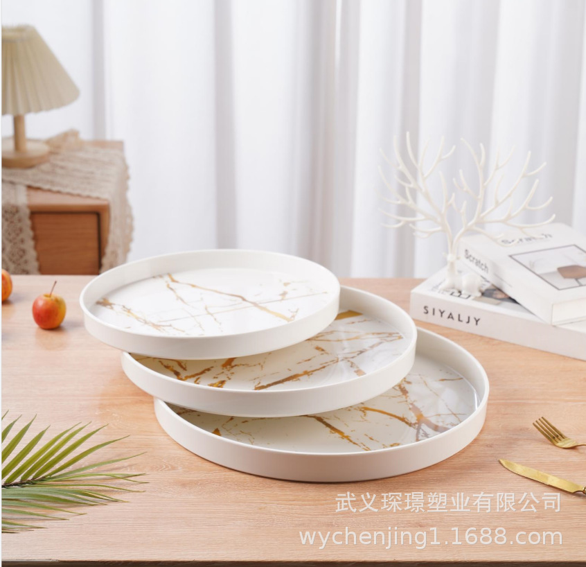 密胺托盘木纹大理石圆形直边茶具托盘家居客厅客房茶具托盘餐具盘详情7