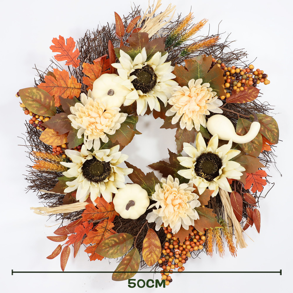 Cross-border autumn Thanksgiving white pumpkin wreath, Harvest Festival Sunflower Maple Leaf wreath decoration, door hanging ornaments pic 6