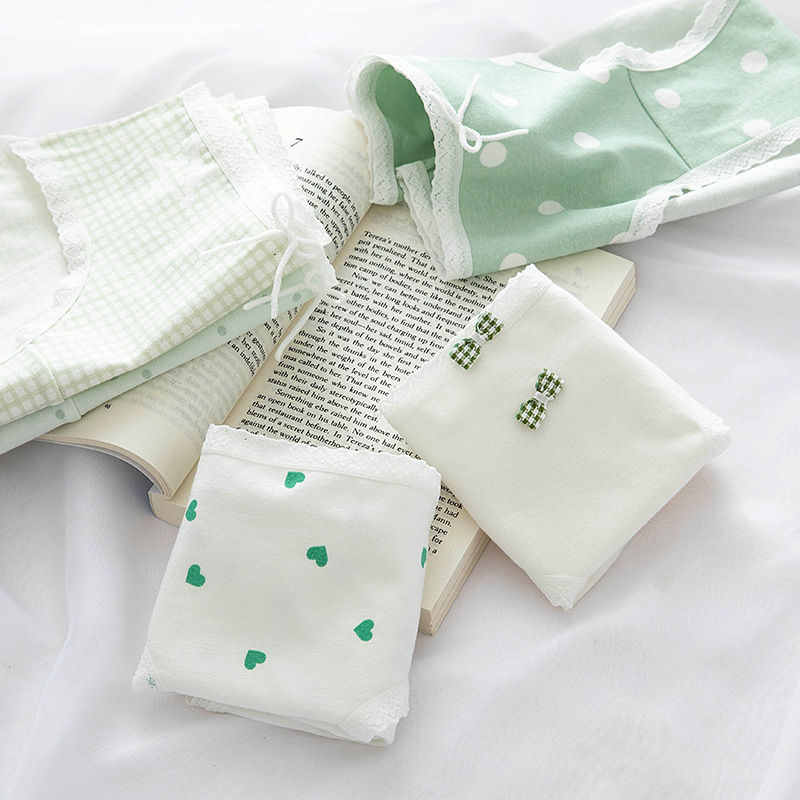 Japanese-style fresh and light polka dot print milkshake green girl underwear for women, pure cotton crotch mid-waist student briefs pic 36