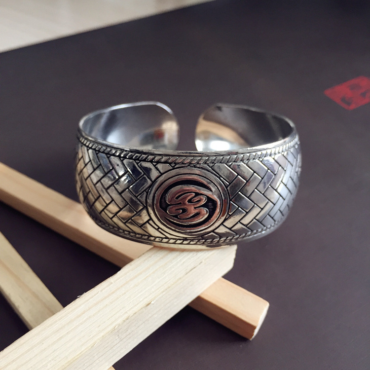 Retro ethnic style silver bracelet, European and American carved wide opening bracelet, fashionable and individual Miao silver aged ancient-style jewelry pic 21