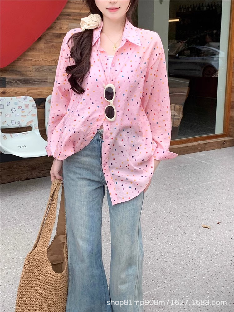 Korean chic colorful polka dot slit tie sun-protective shirt for women, lapel loose casual long-sleeved shirt for women pic 5