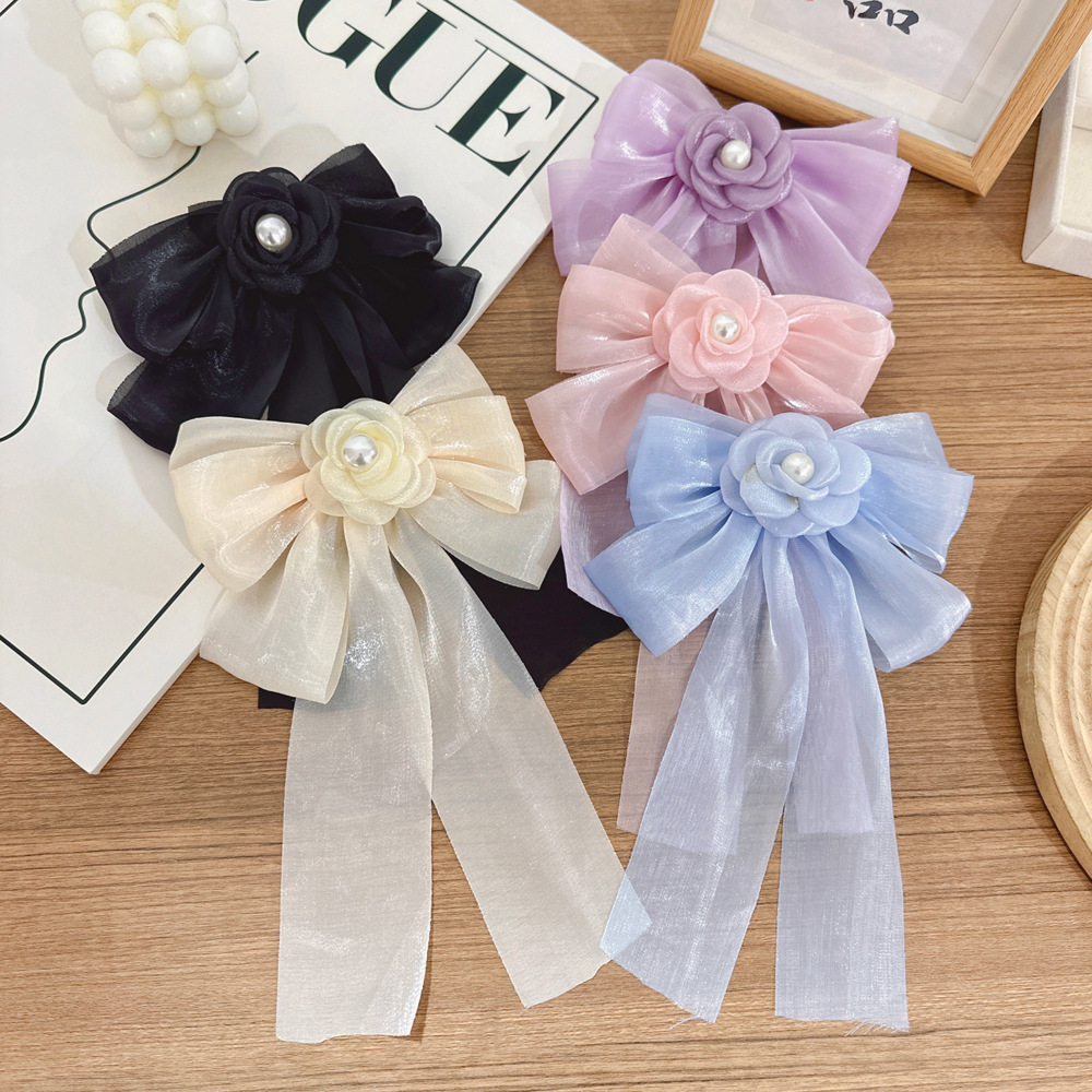 法式雪纺珍珠山茶花蝴蝶结发夹 珠光缎面甜美仙气弹簧夹不伤发头饰 手腕花装饰精致女士礼物详情2