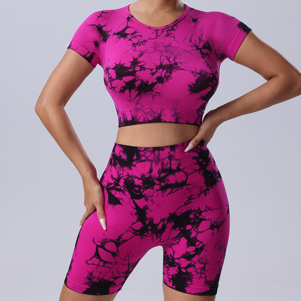 欧美跨境新品扎染瑜伽服套装提臀速干运动健身扎染短袖短裤两件套详情18