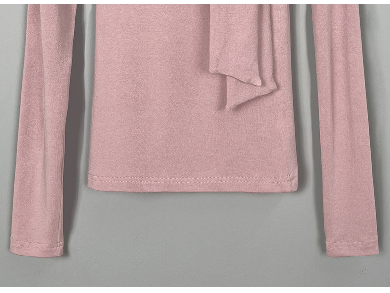 女人味飘带紧身高领长袖T恤女 韩国东大门新款温柔奶油粉女式上衣详情22