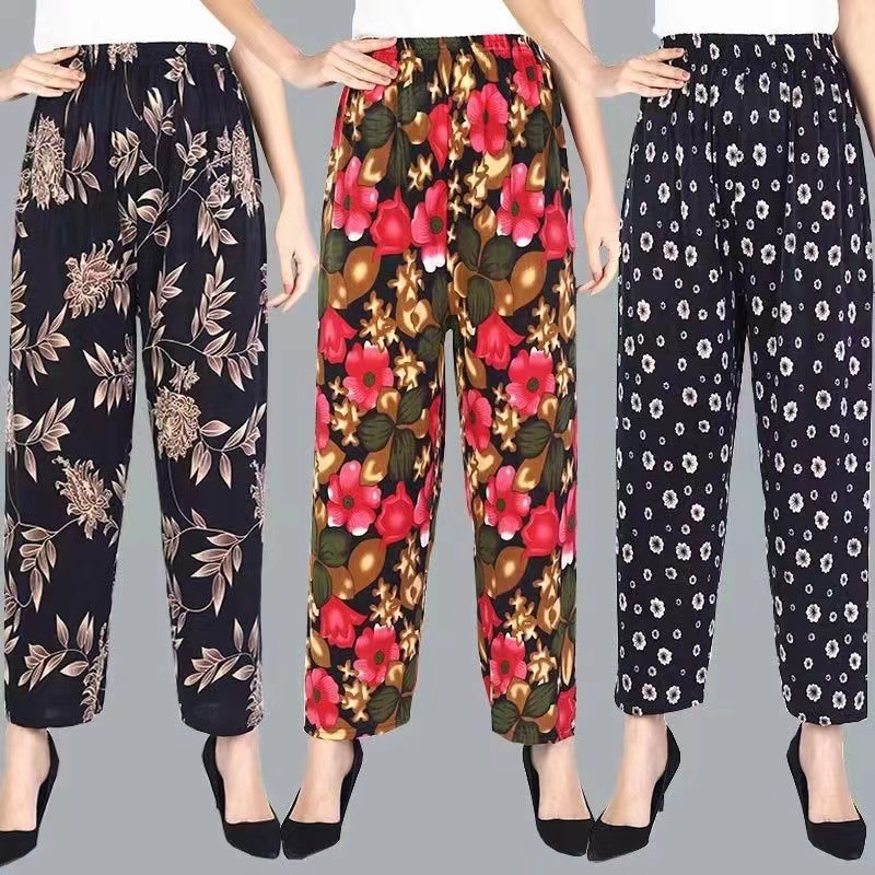 批发夏季冰丝女士九分花裤妈妈裤薄款高腰休闲宽松时尚中老年女裤详情1