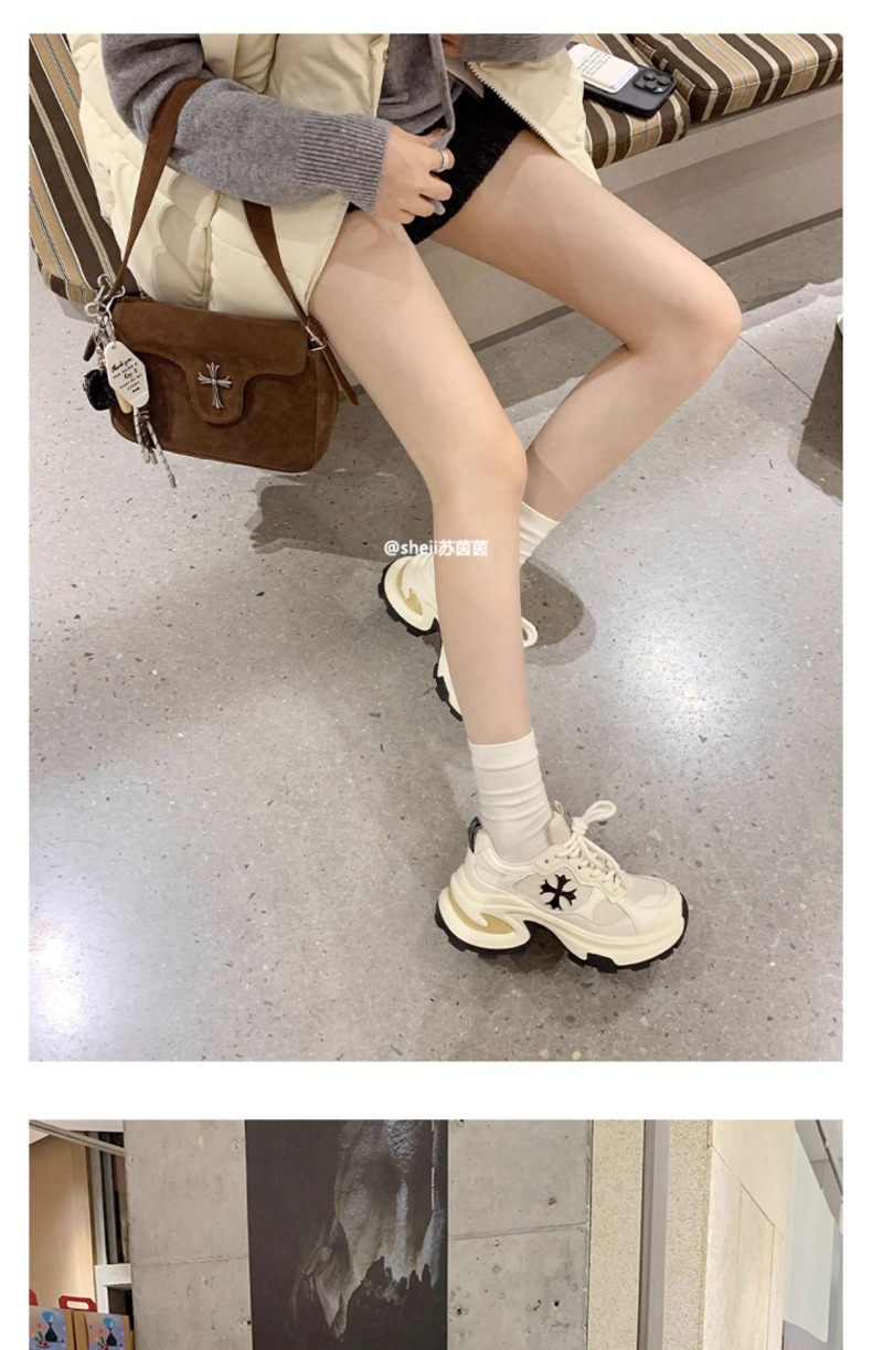 惊爆价~牛皮版增高7.5cm十字花厚底休闲透气运动鞋女老爹鞋跑步鞋详情36
