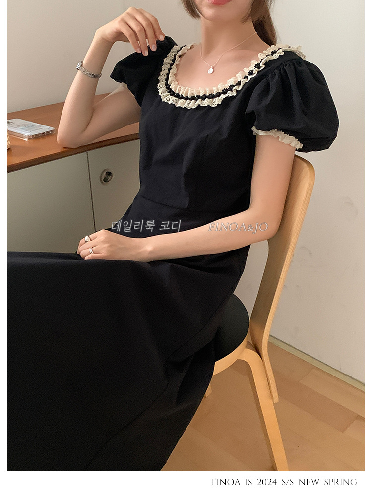 费挪 OLIVE十三行春夏新品法式优雅气质黑色蕾丝花边连衣裙2166详情7