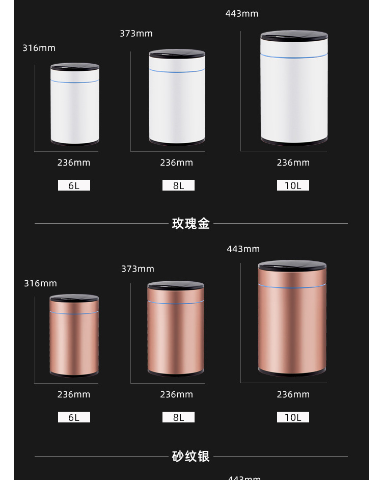 厂家批发 不锈钢感应式垃圾桶 耐用家用卧室卫生间圆形智能垃圾桶详情18