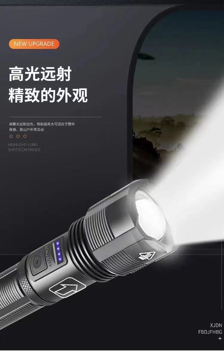 厂家直达跨境XHP50-70强光USB充电手电伸缩变焦电量显示LED手电筒详情5