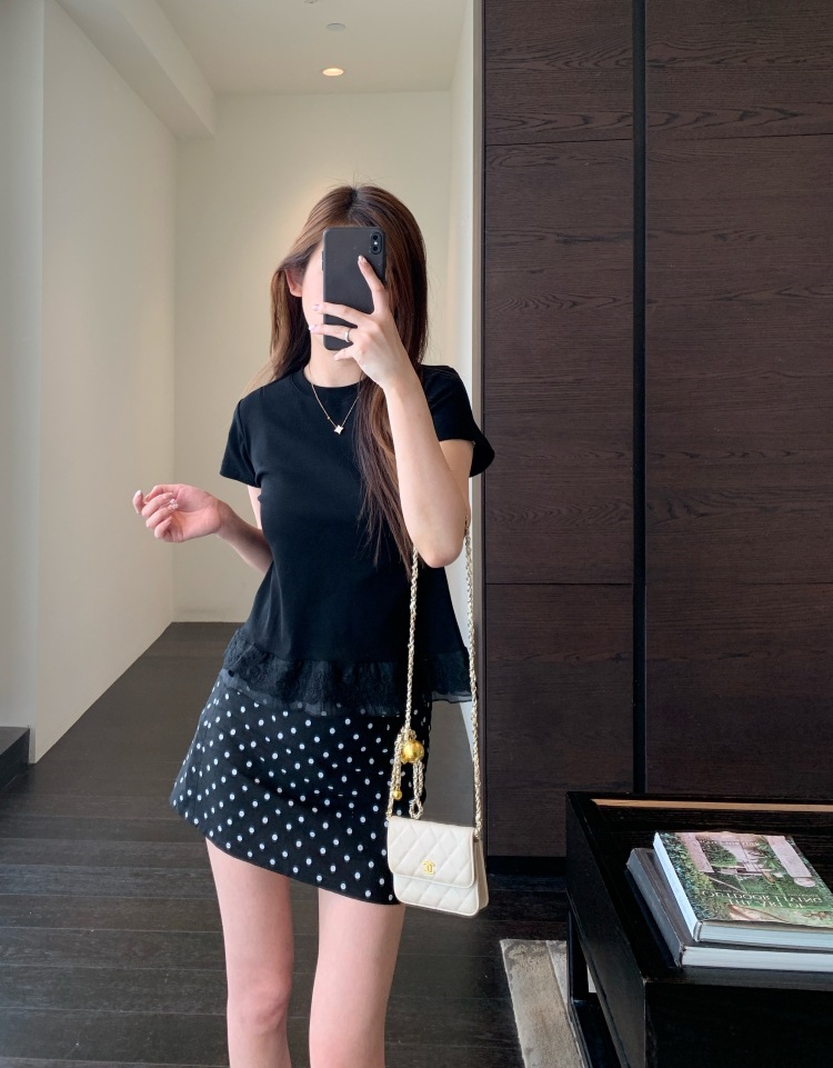 A13512甜美少女感 设计感下摆蕾丝花边拼接显瘦短袖T恤女春夏新详情22