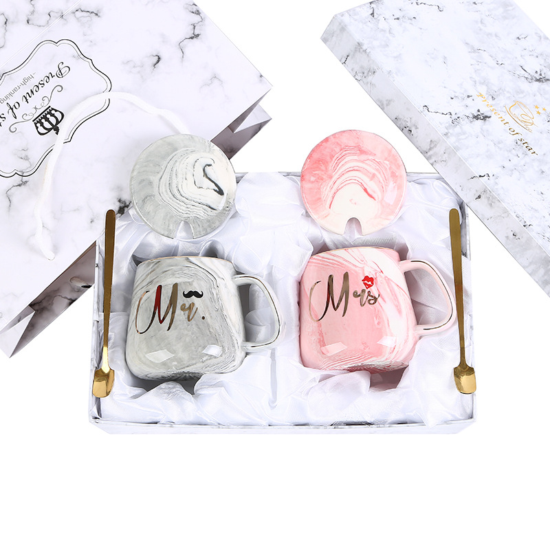 欧式高端大理石纹陶瓷情侣杯Mr Mrs灰色粉色情人节礼物杯customiz详情2