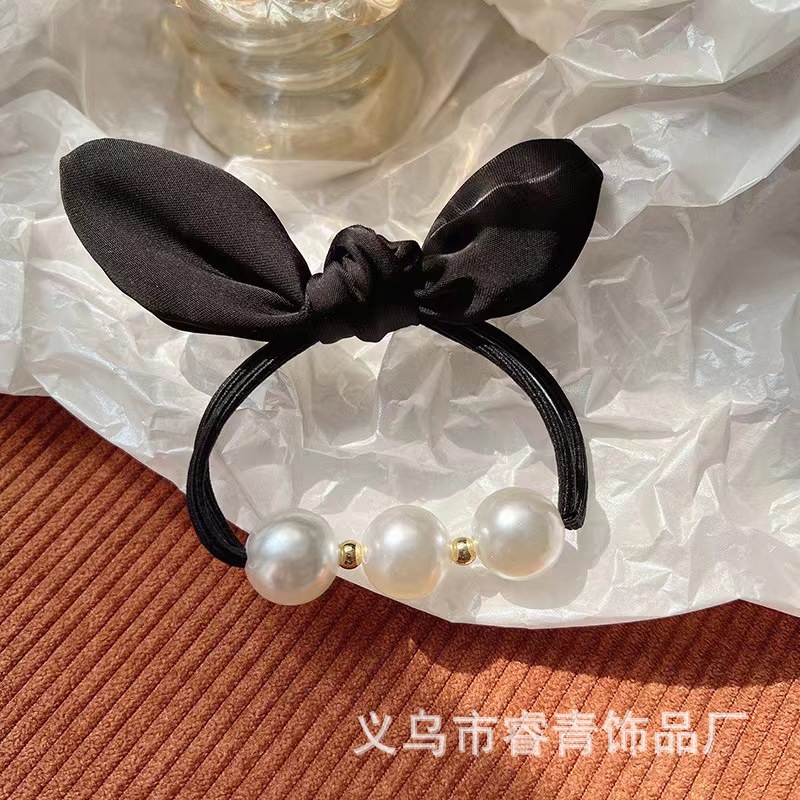2023新款珍珠兔耳束发绳法式复古高弹力橡皮筋耐用扎头发头饰批发详情3