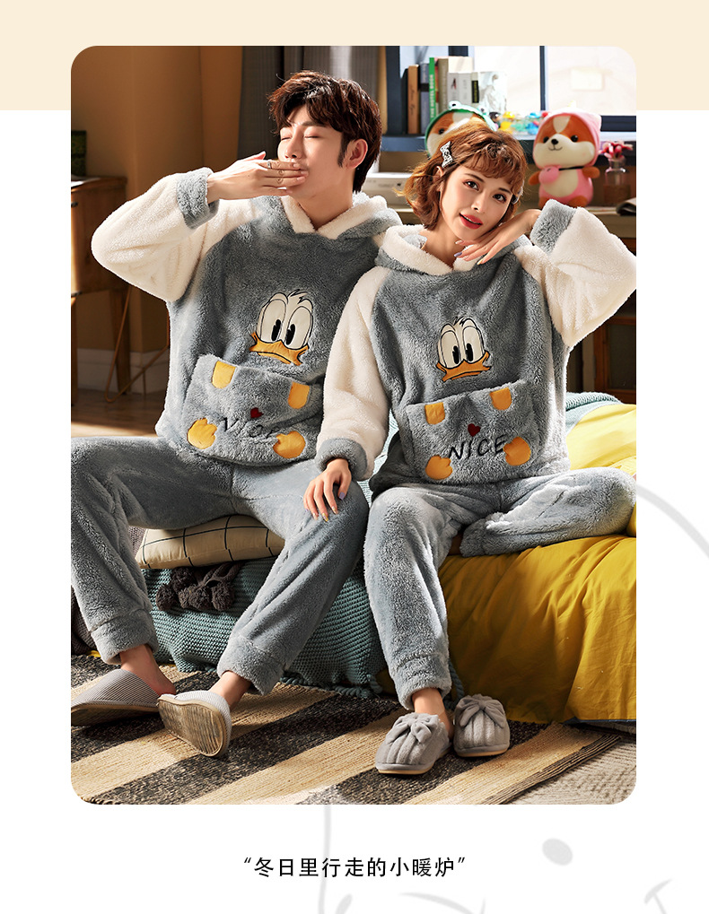长毛绒冬季卡通情侣加厚加绒睡衣女帽子外穿法兰绒套装男士家居服详情57