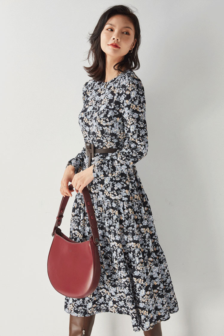 Shenghong 2023 Spring French Elegant Style Floral round-neck Loose Slimming Pleated Mid-length Dress 11213 pic 12