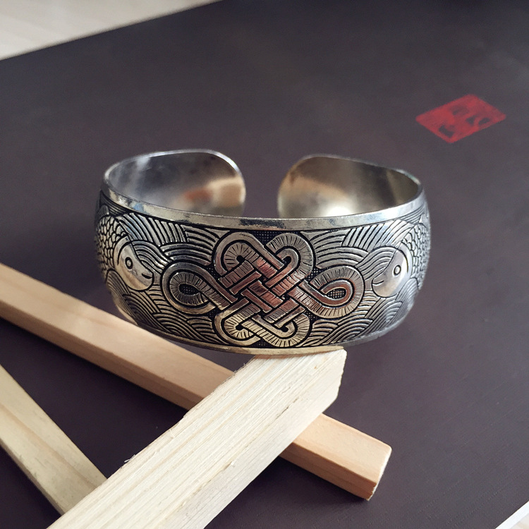 Retro ethnic style silver bracelet, European and American carved wide opening bracelet, fashionable and individual Miao silver aged ancient-style jewelry pic 23
