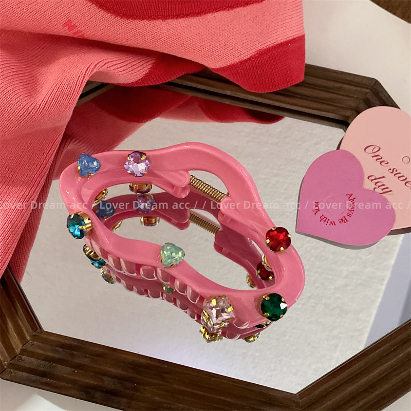 韩国新款复古彩色水钻粉色鲨鱼夹发夹 中古风抓夹网红时尚发饰女详情20