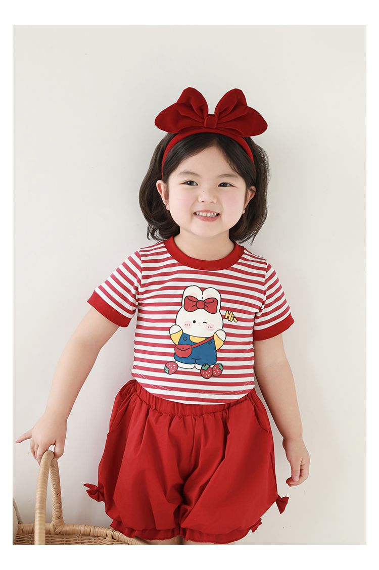 吾里卜一 女童小兔印花半袖T恤2024夏季儿童甜美可爱撞色短袖体恤详情28