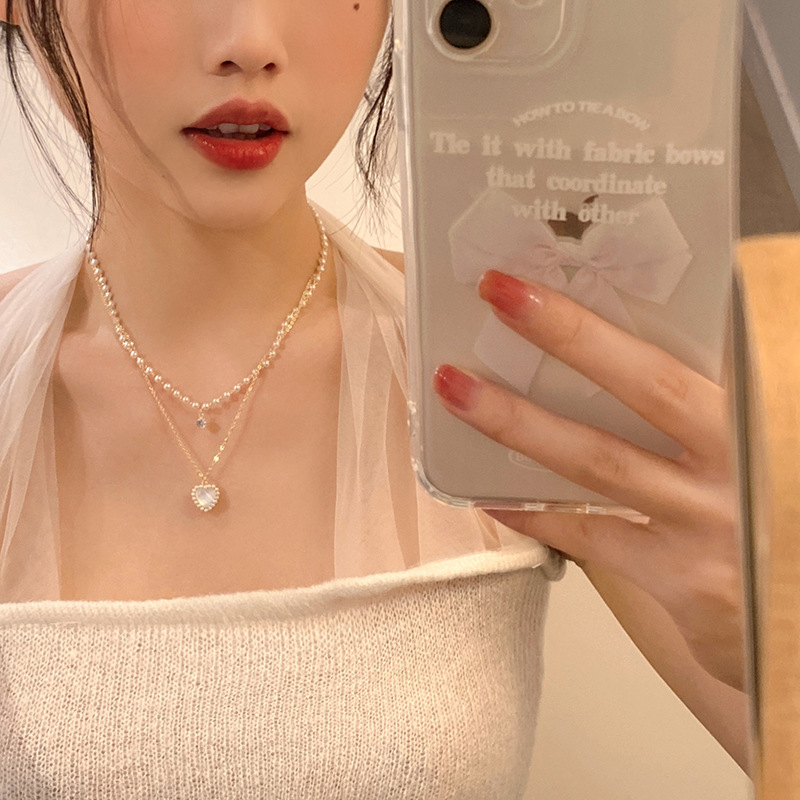 Summer pearl double-layer heart-shaped necklace for women, light luxury high-end design, niche layer-and-wear exquisite collarbone chain necklace, ins pic 5