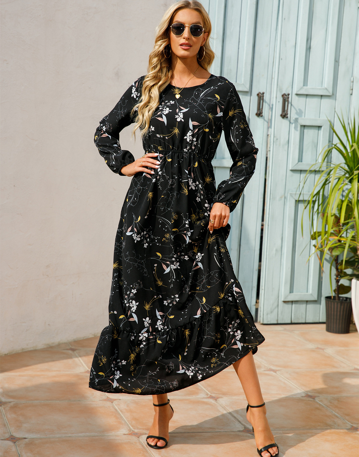 European and American floral long, round-neck, long-sleeved, waist-cinching and slimming dress pic 22